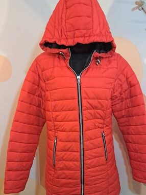 Women's Red Hooded Quilted Puffer Coat